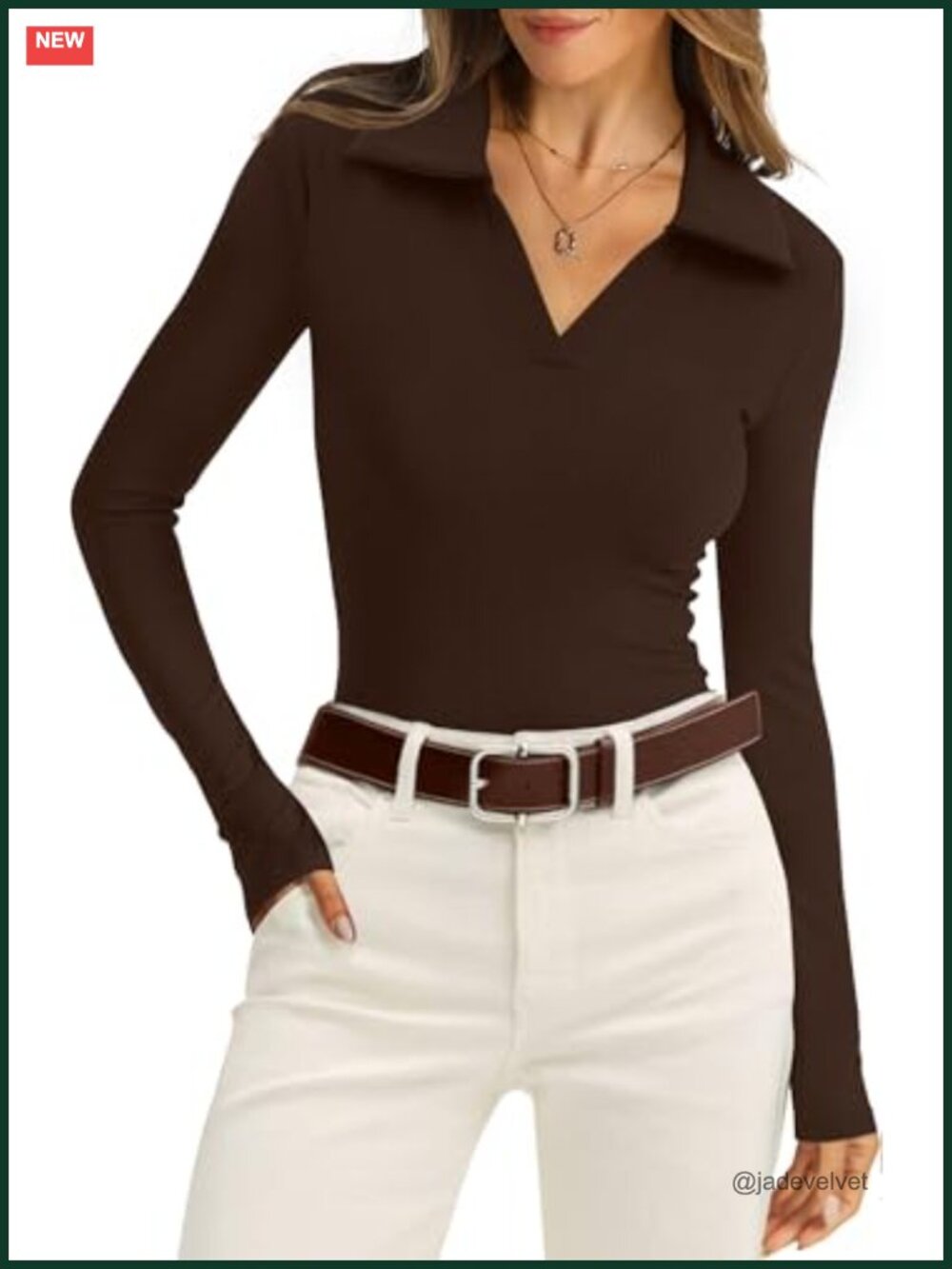 Womens Long Sleeve Ribbed Knit Polo Shirt Slim Fit Collared V Neck Business